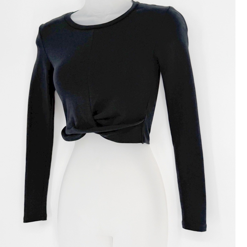 Zara Black Ribbed Twist Front Crop Top Long Sleeve Crew Neck S Preppy 101-15 - Picture 10 of 11